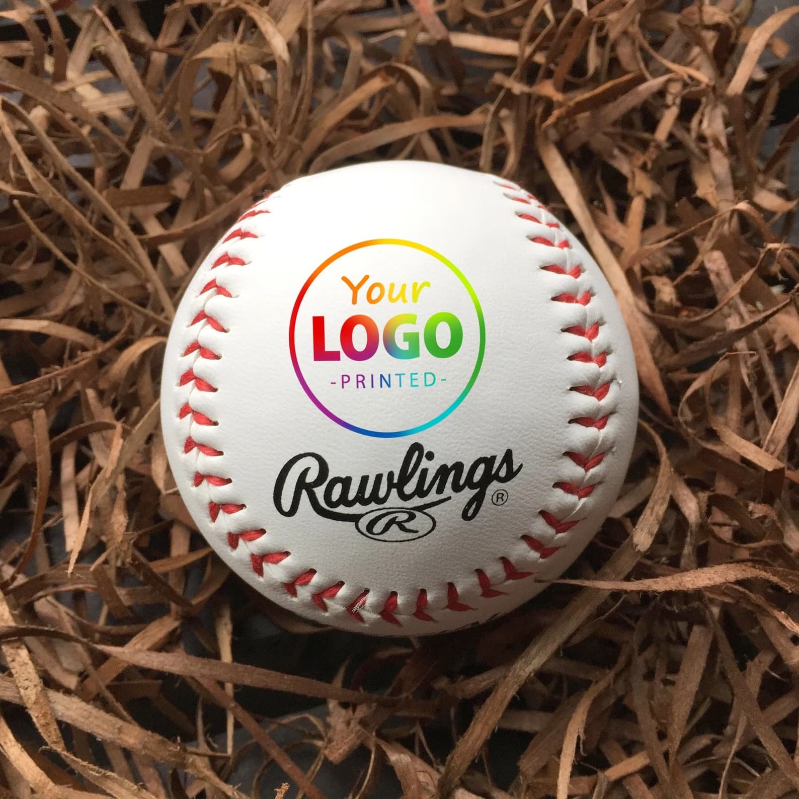 Baseball displayed outdoors with an example full-color custom logo print
