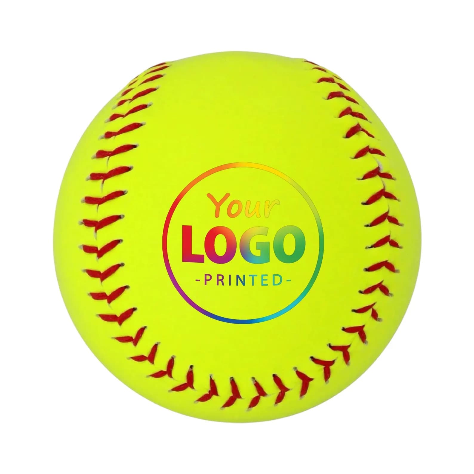 Yellow softball showing an example full-color custom logo print