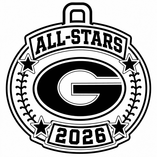 Black-and-white vector line art of a circular "Gridley All-Stars" baseball pendant design