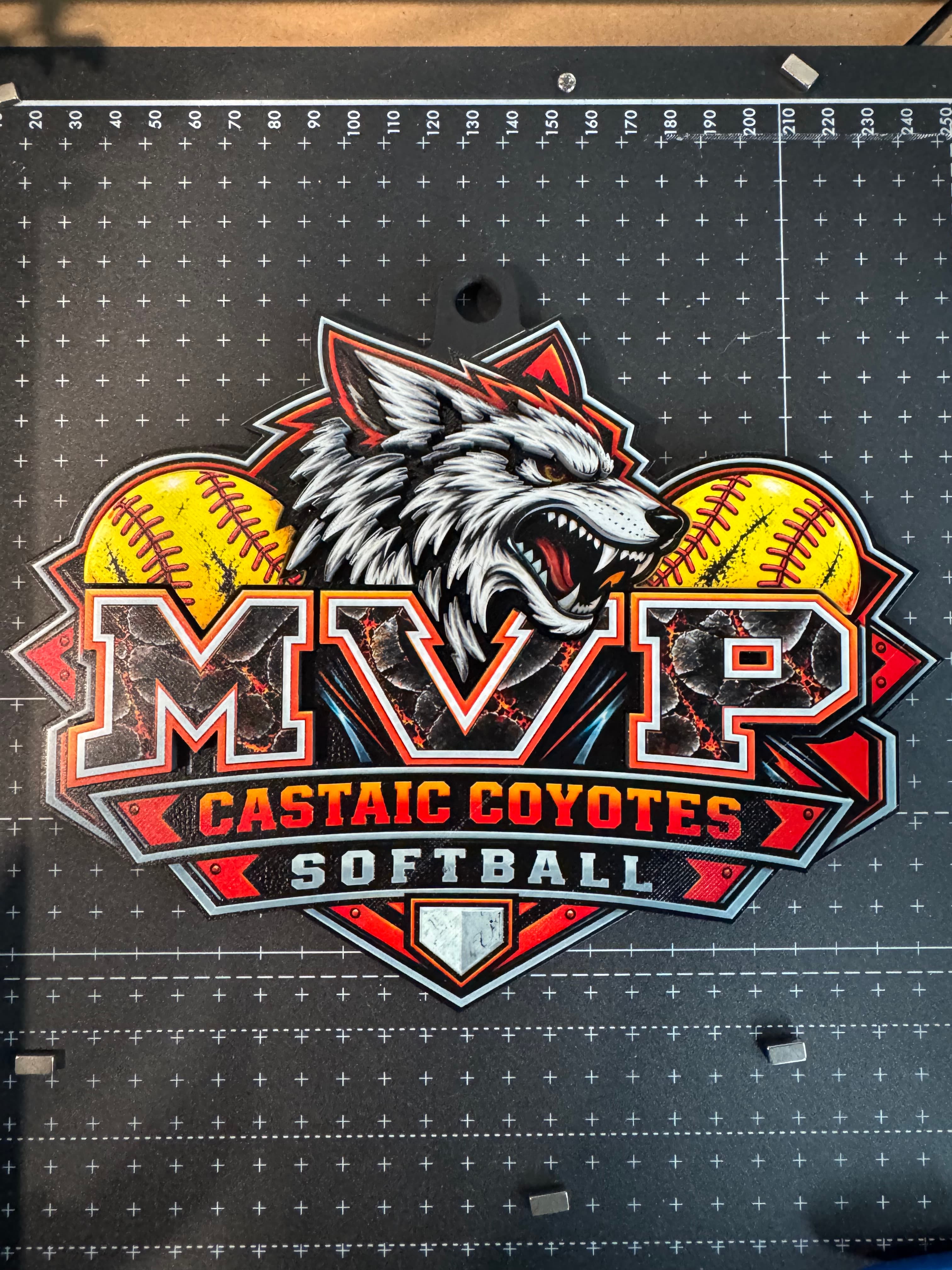 Full Castaic Coyotes MVP softball pendant with coyote mascot, yellow softballs and team lettering