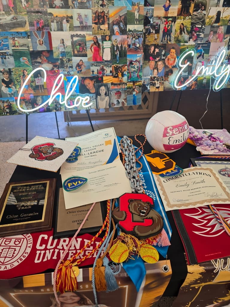 Senior softball awards display with a custom hype chain and ball