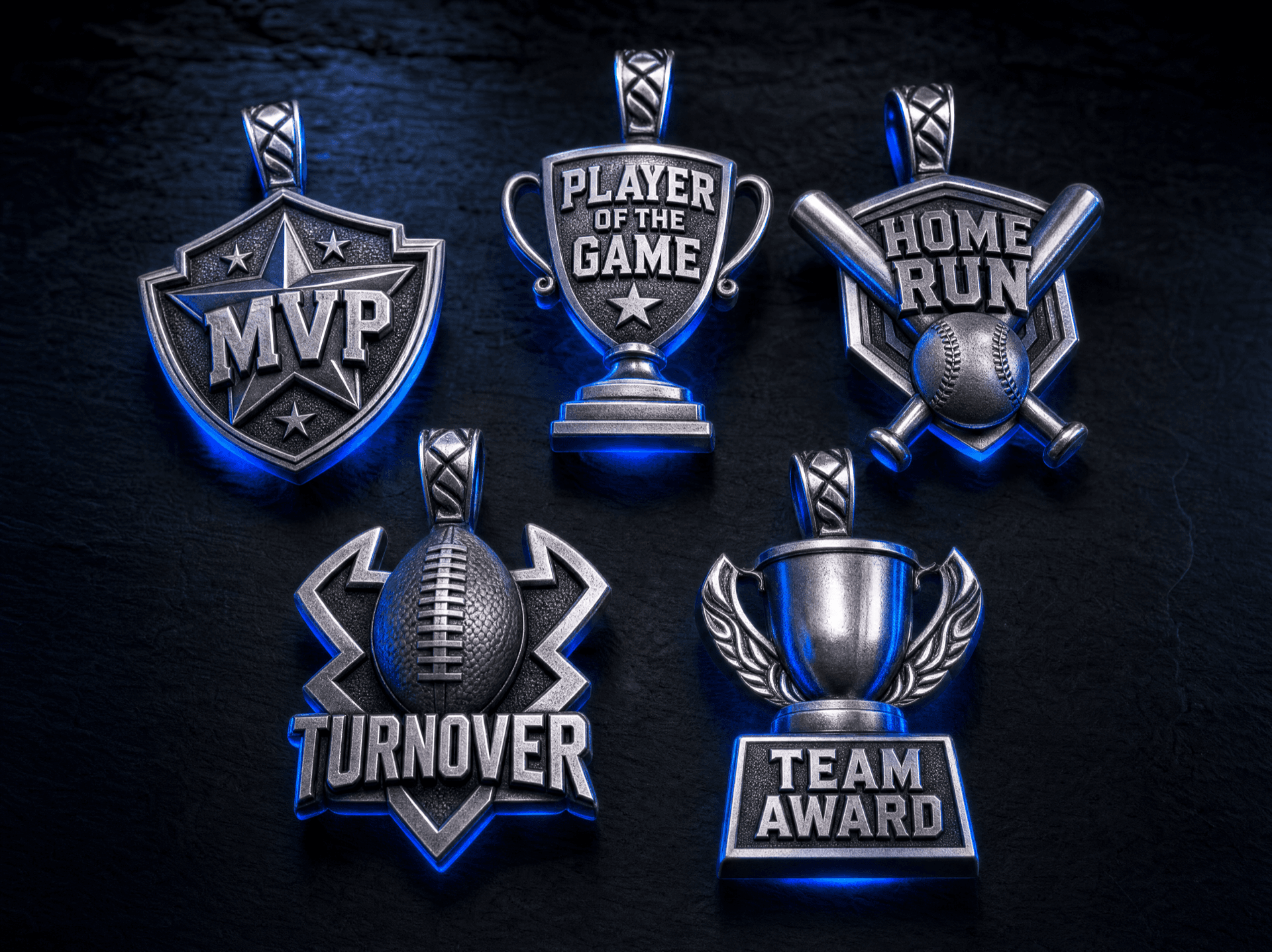 The current Dugout Hardware chain lineup: MVP, Player of the Game, Home Run, Turnover, and Team Award pendants