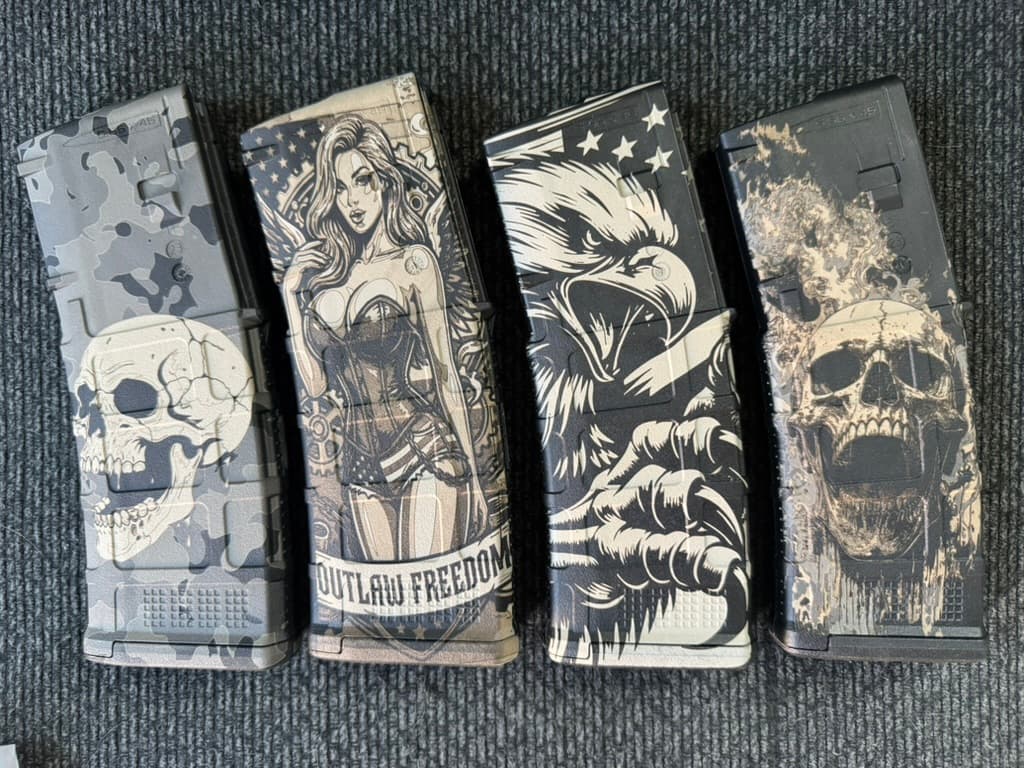 Custom PMAGs — Laser-engraved PMAG magazines with custom patterns and artwork.