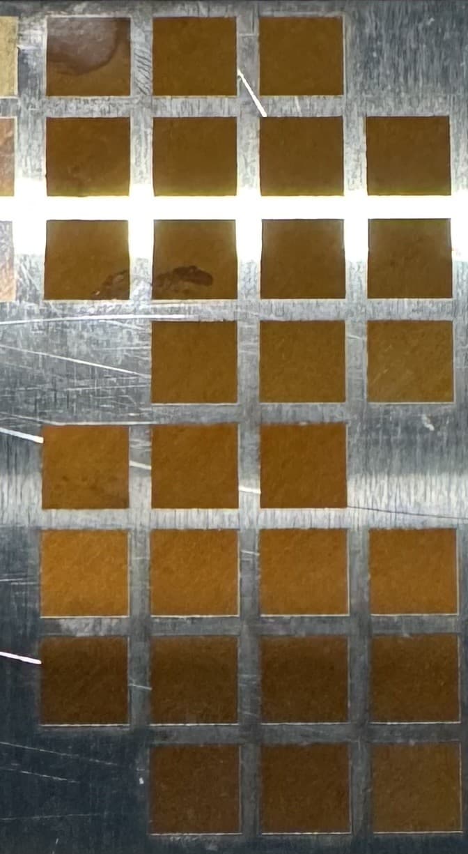 Post-burn photograph of the LAB-0005 32-cell dual-coupon characterization grid on 304 stainless mirror-finish coupons