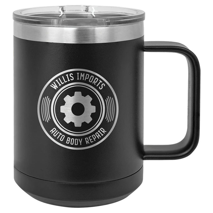 Black 15 oz. Polar Camel coffee mug with handle and slider lid; official JDS marketing example with sample artwork