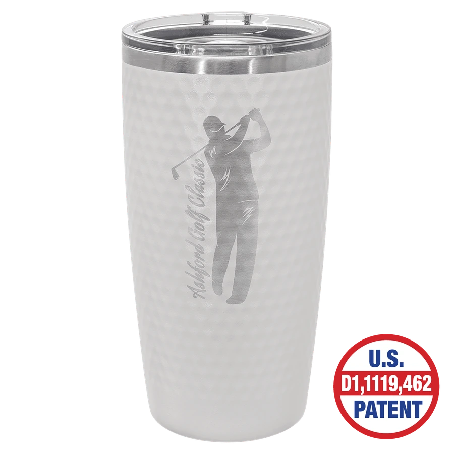 White 20 oz. Polar Camel golf tumbler with full dimples and slider lid; official JDS marketing example with sample artwork