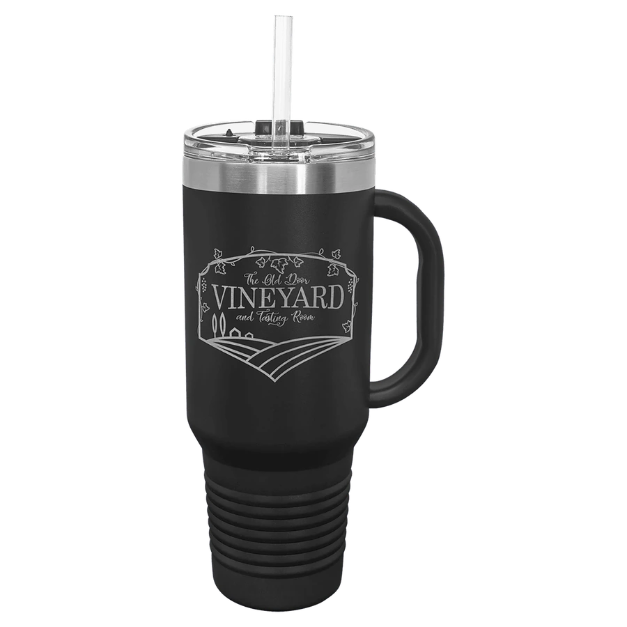 Black 40 oz. Polar Camel travel mug with handle, snap lid and straw; official JDS marketing example with sample artwork