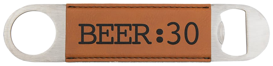 Rawhide leatherette bottle opener available for personalization; official JDS marketing example with sample artwork