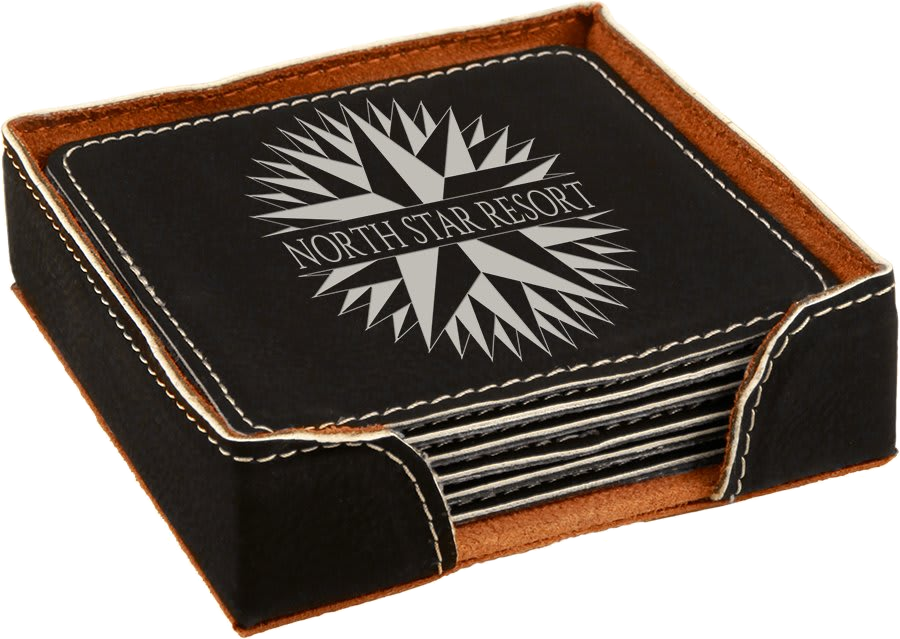 Square leatherette six-coaster set available for personalization; official JDS marketing example with sample artwork